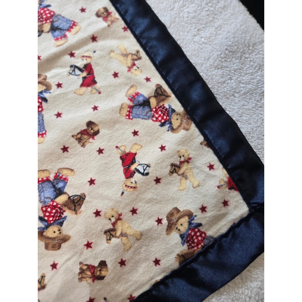 Vintage Style Cowboy Teddy Bear Baby Kid Blanket Satin Trim  Blue Cream 44x41